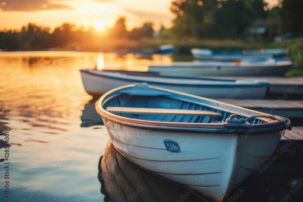 Poster sunset over calm lake with boats lined along the shore creating a serene evening atmosphere. generat