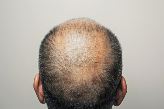 Top view of a man with a thin, circular bald spot, exploring medical and beauty solutions for alopecia