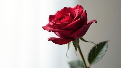Fototapeta premium A Single Deep Red Rose in Soft Light Against a Neutral Background, a Symbol of Love and Passion