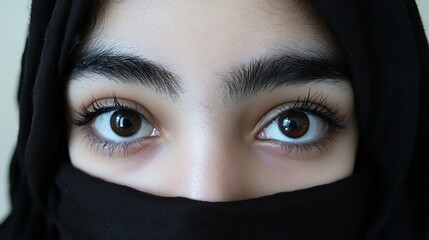 Naklejka premium Mysterious Gaze Behind Veil. Empowering, Strong Female Eyes. Symbol Of Resilience And Culture.