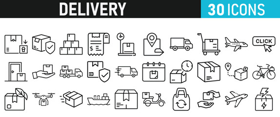 Delivery service icon set. Order tracking, delivery home, warehouse, truck, scooter, courier and cargo icons vector collection 