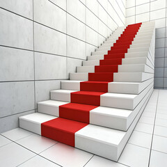 Abstract 3D render shows stairs. White steps lead upward. Red step stands out as next step. Modern design emphasizes progress, success. Blank space for product placement. Ideal for growth concepts