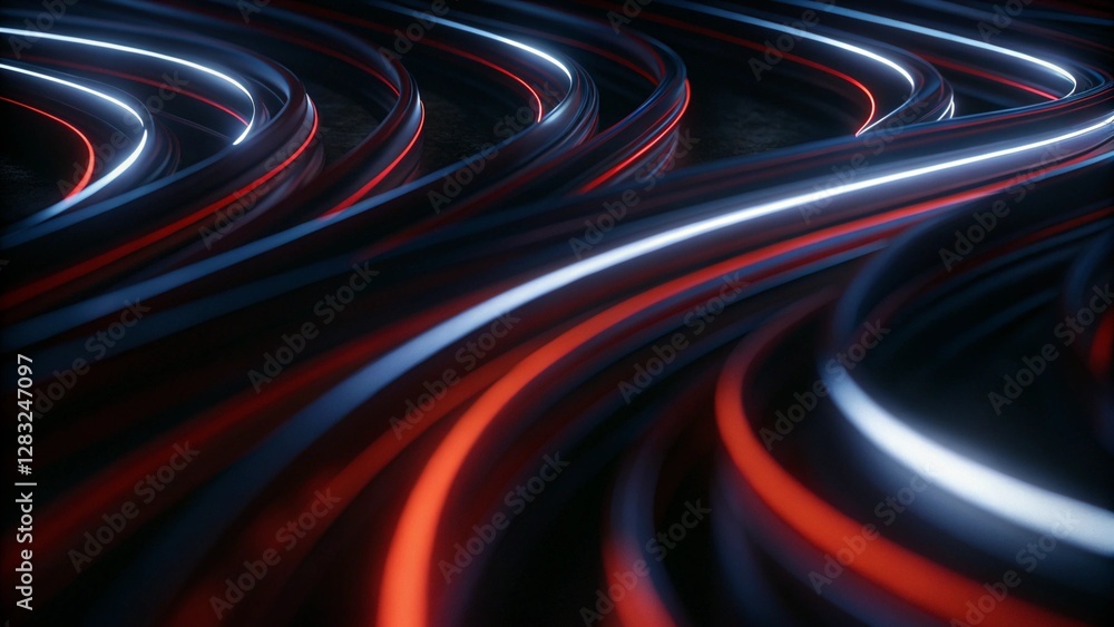 Poster Abstract digital background with flowing lines of glowing red and blue lights, a sense of motion, and connectivity. Abstract depiction of light trails converging towards a point in the distance
