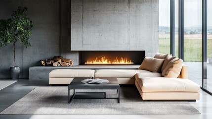 Modern Concrete Living Room with Fireplace and Sectional Sofa
