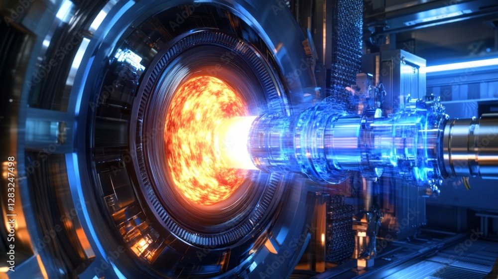 Poster futuristic fusion reactor. energy source technology of future. 3d render.