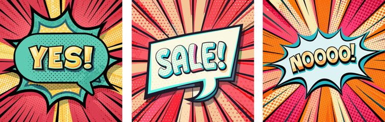 Set of vivid comic book speech bubble with Sale, Yes and No bold text on retro pop art background,  for advertising, marketing, promotions and dynamic social media post communications