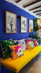 Colorful Indoor Sofa with Floral Cushions and Artistic Prints