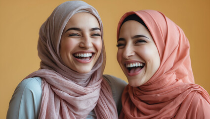 Happy Smiling Muslim Hijabi Friends Laughing Against Yellow Studio Background