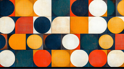 Abstract Geometric Composition Featuring Colorful Circles and Squares with Textured Surfaces