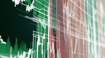 An abstract representation of fluctuating data and numbers, symbolizing financial markets, stock exchange, and technology-driven analysis in a digital environment.