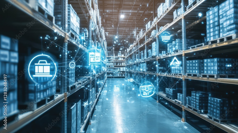 Poster an abstract representation of inventory management with floating icons of stock, products, and barco