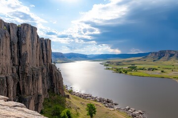 Naklejka premium A breathtaking landscape illustrating weather and water cycles, rain forming over mountains.