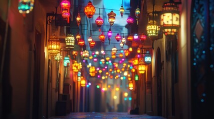 Colorful Lanterns Hanging in a Narrow Street at Night Time