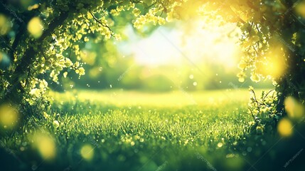 Obraz premium Lush Green Field Landscape with Sunlight Through Trees