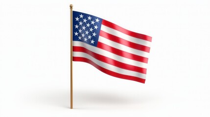 Waving American Flag on Gold Pole Against White Background