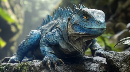 Fototapeta premium Blue Iguana Rests On Stone. Reptile Portrait In Nature. Exotic Pet With Sharp Claws.