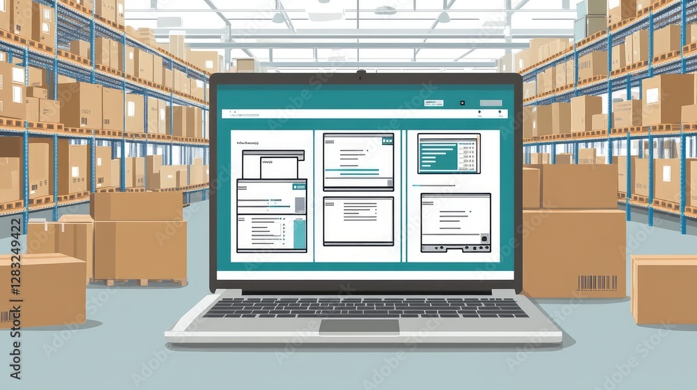 Poster a workspace with a laptop displaying a real-time inventory management system that tracks stock level