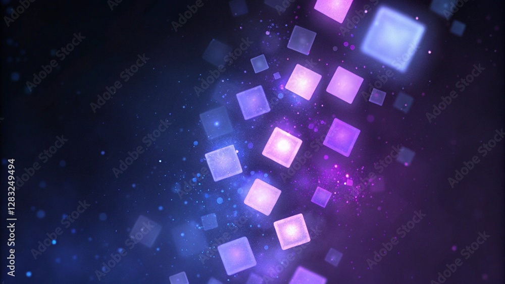 Poster abstract digital background featuring floating blue and purple cubes in a dark space, a futuristic a
