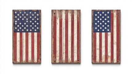 Fototapeta premium Weathered American Flag Triptych on Wood Panels