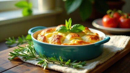 Aromatic baked casserole dish, garnished with fresh herbs, sits on a wooden surface near ripe tomatoes.