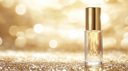 Brightening facial serum in a sleek glass bottle with golden light reflections, luxury skincare branding. No text, no people.