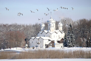 Beautiful white church on coast and seagulls