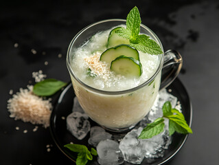 A glass mug filled with a cold rice-based drink, garnished with cucumber slices, fresh mint leaves, and sesame seeds, ice cubes. Cucumbers and mint in rice milk, rice creamer. Refreshing and healthy
