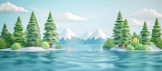 Low-poly 3D render of idyllic snowy mountain lake scene with evergreen trees.