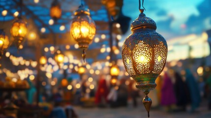 Decorative Lanterns Illuminate Night Market with Magical Atmosphere