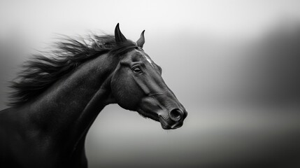 Fototapeta premium Black Horse Profile in Misty Landscape
