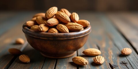 A rustic wooden bowl overflowing with a generous helping of nutritious almonds, complemented by several more scattered nearby on a weathered surface.