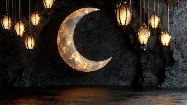 Glowing crescent moon with hanging lanterns in a dark, mystical setting