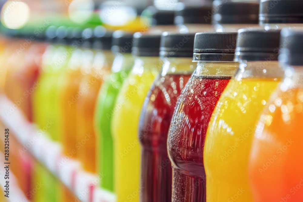 Poster colorful display of beverage bottles arranged on shelves in a grocery store during daytime. generati