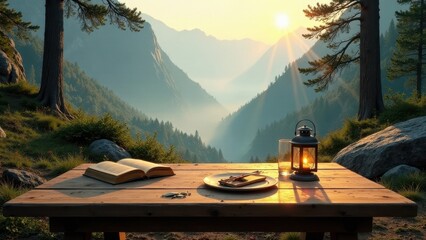 Serene Mountain Vista A Peaceful Sunrise Breakfast with a Book and Lantern on a Rustic Wooden Table
