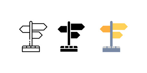 direction sign icon set. Linear, silhouette and flat styles are editable.