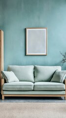 Modern Living Room with Light Teal Walls and Light Green Sofa