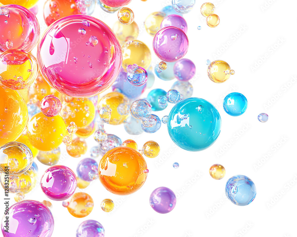 Poster vibrant multicolored spheres float against a transparent background. the bubbles vary in size and sh