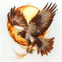 Red-shouldered Hawk in Flight: Majestic red-shouldered hawk soaring against a fiery sunset backdrop. Its powerful wings outstretched, showcasing intricate details of its plumage.
