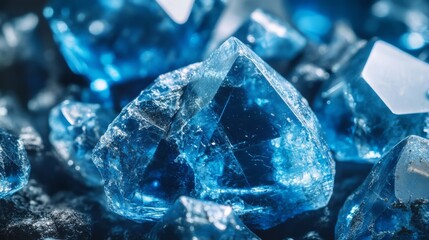Blue Crystals Background. Shiny Gemstones With Sharp Edges And Textured Surfaces.