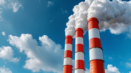 Industrial smokestacks releasing white smoke into blue sky with fluffy clouds, showcasing emissions control efforts. image highlights importance of reducing air pollution and improving air quality
