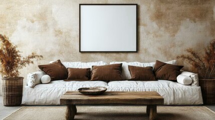 Bohemian Living Room Mockup with Blank Frame