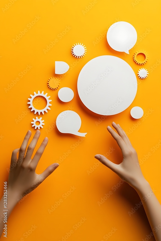Poster hands reaching towards floating speech bubbles with mechanical gears representing communication and
