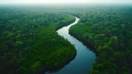 Aerial View of a Lush Green Rainforest with a Winding River Flowing Through the Dense Canopy