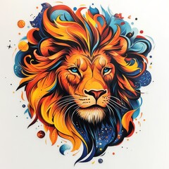 Majestic Lion Illustration: A vibrant and artistic illustration of a lion with a colorful mane, set against a backdrop of cosmic elements, representing strength, royalty, and the wild