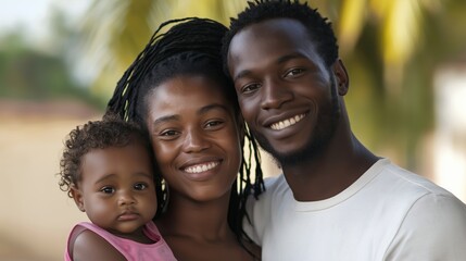 Fototapeta premium Portrait of a young african-american family. the family consists of a mother, father, and daughter. the mother is holding the daughter in her arms, who is wearing a pink dress.