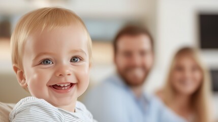Close-up of a baby's face. the baby is smiling and looking directly at the camera. it has blonde hair and blue eyes.