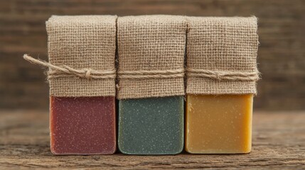 Three artisanal soaps wrapped in burlap sit on a rustic wooden surface, showcasing vibrant colors of red, green, and yellow.
