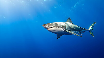 Obraz premium Large White Shark Swimming in Blue Ocean Waters Lit by Sunlight with Open Mouth Showing Teeth
