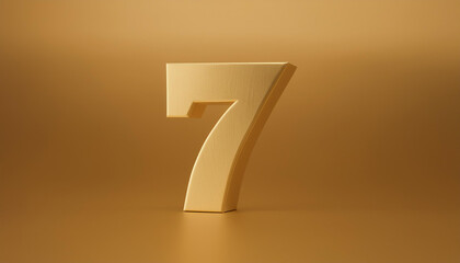 Golden number 7 seven on golden background with gradient and copy space. 3D rendering. .
