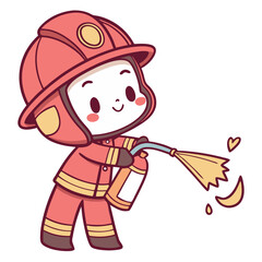 A cheerful fireman cartoon character holds a fire extinguisher, spraying water playfully. The character's bright outfit and friendly expression promote fire safety in a fun and engaging way